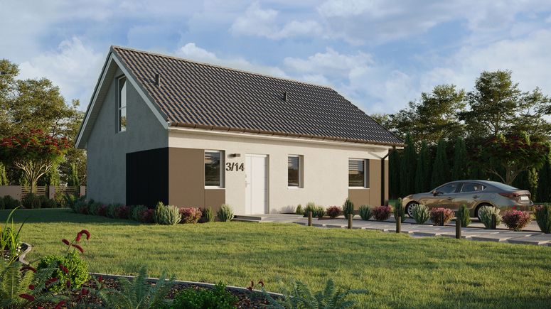 ERDOL 1 XL - Version Rechts (Wohnzimmer auf der rechten Seite) - Satteldach mit ausgebautem Dachboden -Dachneigung  35 Grad - Treppe im Wohnzimmer - Zwei-Zimmer-Dachfenster - Balkontür im Esszimmer und Bodentiefes Fenster im Dachgeschoss - Styropor, Netz, Kleber - Weiß - Ohne