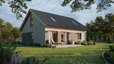 ERDOL 1 XL - Version Rechts (Wohnzimmer auf der rechten Seite) - Satteldach mit ausgebautem Dachboden -Dachneigung  35 Grad - Treppe in Treppenhaus - Zwei-Zimmer-Dachfenster - Bodentiefes Fenster im Dachgeschoss - Styropor, Netz, Kleber - Goldene Eiche - Photovoltaik-Installation 6,4 kWp (16 Paneele)