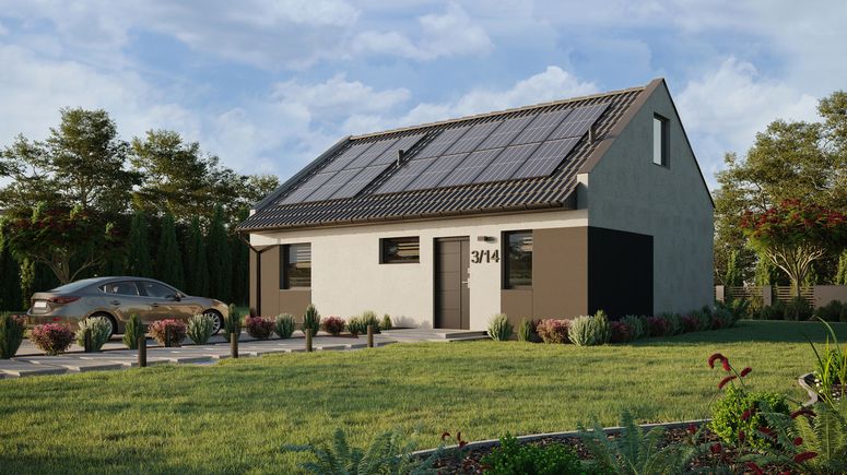 ERDOL 1 XL - Version Links (Wohnzimmer auf der linken Seite) - Modernes Satteldach mit ausgebautem Dachboden -Dachneigung  35 Grad - Treppe in Treppenhaus - Zwei-Zimmer-Dachfenster - Standard - Styropor, Netz, Kleber - Anthrazit - Photovoltaik-Installation 6,4 kWp (16 Paneele)