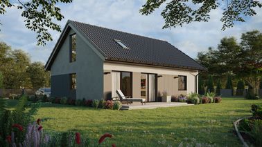 ERDOL 1 XL - Version Rechts (Wohnzimmer auf der rechten Seite) - Satteldach mit ausgebautem Dachboden -Dachneigung  35 Grad - Treppe in Treppenhaus - Dachfenster für Zimmer und Badezimmer - Bodentiefes Fenster im Dachgeschoss - Styropor, Netz, Kleber - Nusbaum - Photovoltaik-Installation 4,8 kWp (12 Paneele)