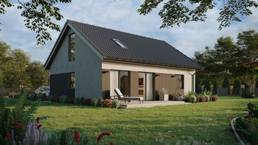 ERDOL 1 XL - Version Rechts (Wohnzimmer auf der rechten Seite) - Satteldach mit ausgebautem Dachboden -Dachneigung  35 Grad - Treppe in Treppenhaus - Dachfenster für Zimmer und Badezimmer - Bodentiefes Fenster im Dachgeschoss - Styropor, Netz, Kleber - Anthrazit - Photovoltaik-Installation 6,4 kWp (16 Paneele)