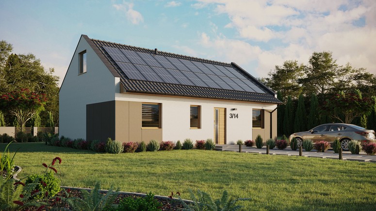ERDOL 3 - Version Rechts (Wohnzimmer auf der rechten Seite) - Modernes Satteldach mit ausgebautem Dachboden -Dachneigung  35 Grad - Zwei-Zimmer-Dachfenster - Standard - Styropor, Netz, Kleber - Winchester - Photovoltaik-Installation 8 kWp (20 Paneele)