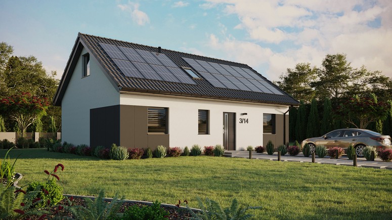 ERDOL 3 - Version Rechts (Wohnzimmer auf der rechten Seite) - Satteldach mit ausgebautem Dachboden -Dachneigung  35 Grad - Dachfenster für Zimmer und Badezimmer - Balkontür im Esszimmer - Styropor, Netz, Kleber - Anthrazit - Photovoltaik-Installation 8 kWp (20 Paneele)