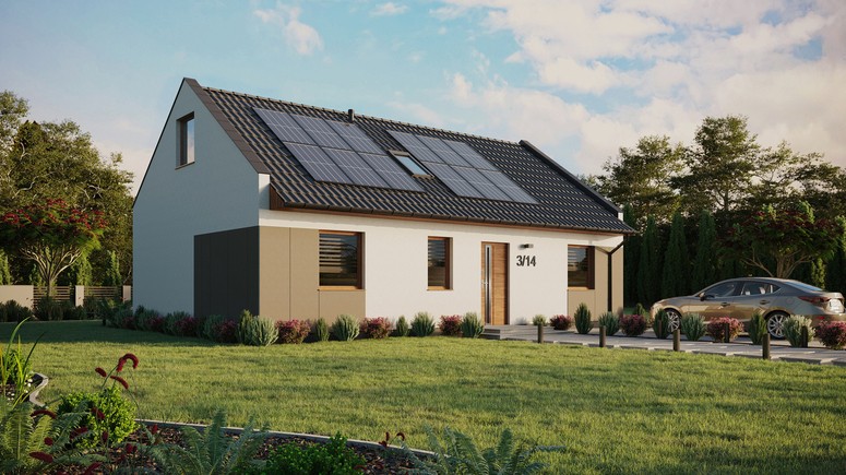 ERDOL 3 - Version Rechts (Wohnzimmer auf der rechten Seite) - Modernes Satteldach mit ausgebautem Dachboden -Dachneigung  35 Grad - Zwei Zimmer-Dachfenster und ein Badezimmer-Dachfenster - Standard - Styropor, Netz, Kleber - Goldene Eiche - Photovoltaik-Installation 4,8 kWp (12 Paneele)