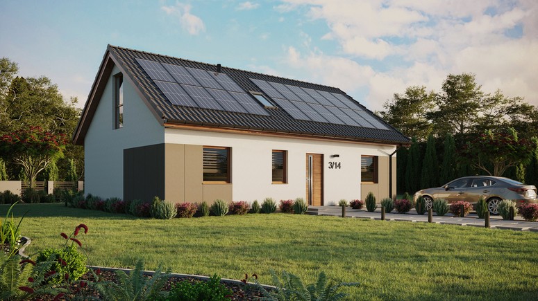 ERDOL 3 - Version Rechts (Wohnzimmer auf der rechten Seite) - Satteldach mit ausgebautem Dachboden -Dachneigung  35 Grad - Dachfenster für Zimmer und Badezimmer - Bodentiefes Fenster im Dachgeschoss - Styropor, Netz, Kleber - Goldene Eiche - Photovoltaik-Installation 8 kWp (20 Paneele)