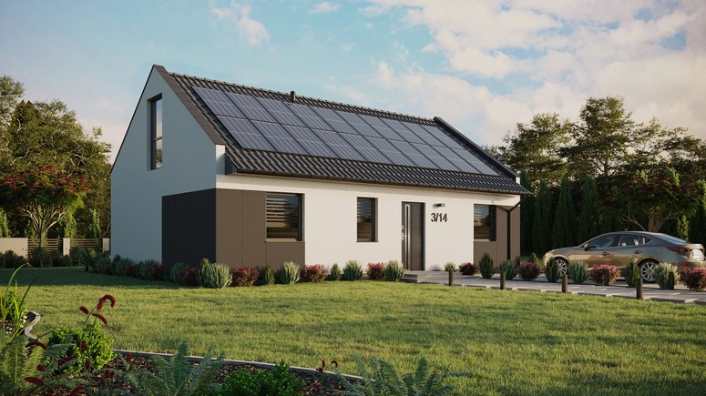 ERDOL 3 - Version Rechts (Wohnzimmer auf der rechten Seite) - Modernes Satteldach mit ausgebautem Dachboden -Dachneigung  35 Grad - Zwei-Zimmer-Dachfenster - Bodentiefes Fenster im Dachgeschoss - Styropor, Netz, Kleber - Anthrazit - Photovoltaik-Installation 8 kWp (20 Paneele)