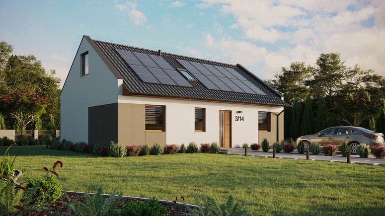 ERDOL 3 - Version Rechts (Wohnzimmer auf der rechten Seite) - Modernes Satteldach mit ausgebautem Dachboden -Dachneigung  35 Grad - Zwei Zimmer-Dachfenster und ein Badezimmer-Dachfenster - Standard - Styropor, Netz, Kleber - Goldene Eiche - Photovoltaik-Installation 6,4 kWp (16 Paneele)