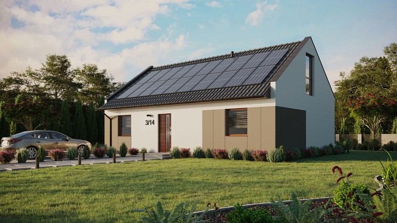 ERDOL 2 XL - Version Links (Wohnzimmer auf der linken Seite) - Modernes Satteldach mit ausgebautem Dachboden -Dachneigung  35 Grad - Zwei-Zimmer-Dachfenster - Bodentiefes Fenster im Dachgeschoss - Styropor, Netz, Kleber - Nusbaum - Photovoltaik-Installation 8 kWp (20 Paneele)