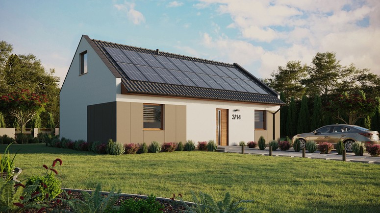 ERDOL 2 XL - Version Rechts (Wohnzimmer auf der rechten Seite) - Modernes Satteldach mit ausgebautem Dachboden -Dachneigung  35 Grad - Zwei-Zimmer-Dachfenster - Balkontür im Esszimmer - Styropor, Netz, Kleber - Goldene Eiche - Photovoltaik-Installation 8 kWp (20 Paneele)