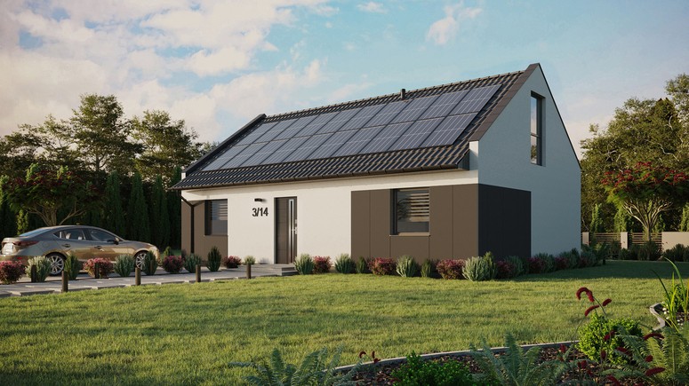 ERDOL 2 XL - Version Links (Wohnzimmer auf der linken Seite) - Modernes Satteldach mit ausgebautem Dachboden -Dachneigung  35 Grad - Zwei-Zimmer-Dachfenster - Bodentiefes Fenster im Dachgeschoss - Styropor, Netz, Kleber - Anthrazit - Photovoltaik-Installation 8 kWp (20 Paneele)