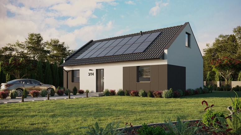 ERDOL 2 XL - Version Links (Wohnzimmer auf der linken Seite) - Modernes Satteldach mit ausgebautem Dachboden -Dachneigung  35 Grad - Zwei Zimmer-Dachfenster und ein Badezimmer-Dachfenster - Standard - Styropor, Netz, Kleber - Anthrazit - Photovoltaik-Installation 6,4 kWp (16 Paneele)