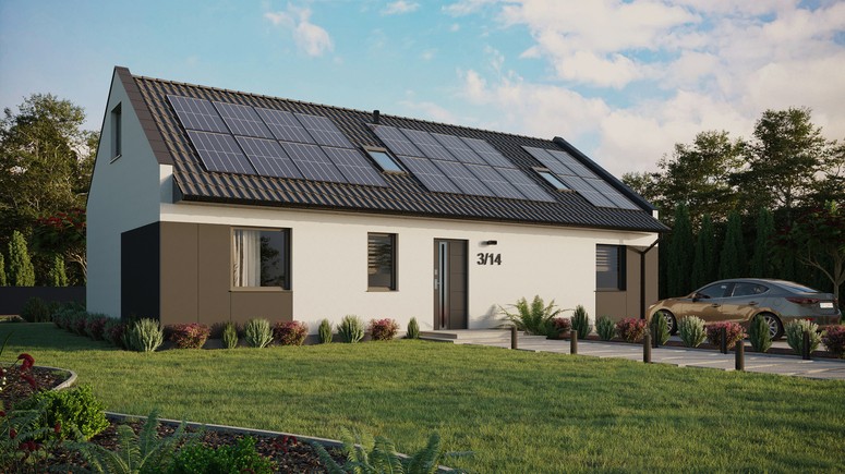 ERDOL 3 XL - Version Rechts (Wohnzimmer auf der rechten Seite) - Modernes Satteldach mit ausgebautem Dachboden -Dachneigung  35 Grad - Zwei Zimmer-Dachfenster und ein Badezimmer-Dachfenster - Standard - Styropor, Netz, Kleber - Anthrazit - Photovoltaik-Installation 8 kWp (20 Paneele)