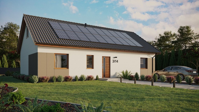 ERDOL 3 XL - Version Rechts (Wohnzimmer auf der rechten Seite) - Satteldach mit ausgebautem Dachboden -Dachneigung  35 Grad - keine Dachfenster - Balkontür im Esszimmer - Styropor, Netz, Kleber - Goldene Eiche - Photovoltaik-Installation 8 kWp (20 Paneele)