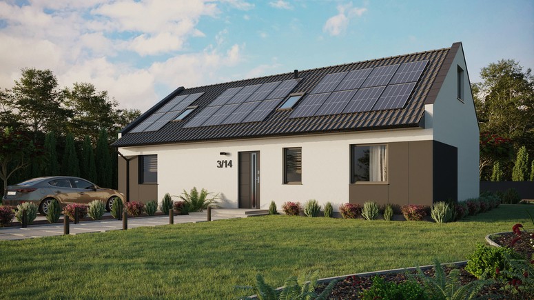 ERDOL 3 XL - Version Links (Wohnzimmer auf der linken Seite) - Modernes Satteldach mit ausgebautem Dachboden -Dachneigung  35 Grad - Zwei Zimmer-Dachfenster und ein Badezimmer-Dachfenster - Standard - Styropor, Netz, Kleber - Anthrazit - Photovoltaik-Installation 8 kWp (20 Paneele)